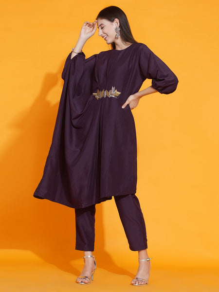 Purple Hand Embellished Indowestren Kurta with Pants-WRKS083