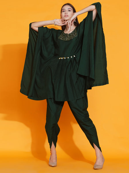 Green Hand Embellished Kaftan with Dhoti Salwaar-WRKS084