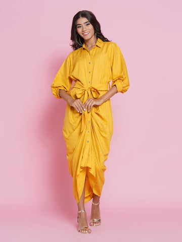 Yellow Rayon Fusion Wear Dress-WRK436