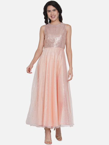 Peach Sequence work Net Gown-WRK431