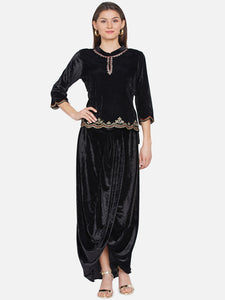 Black Embroidered Velvet Koti with Dhoti -WRKS071