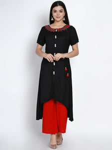 Black Rayon Asymmetrical  Embroidered Kurta-WRK422