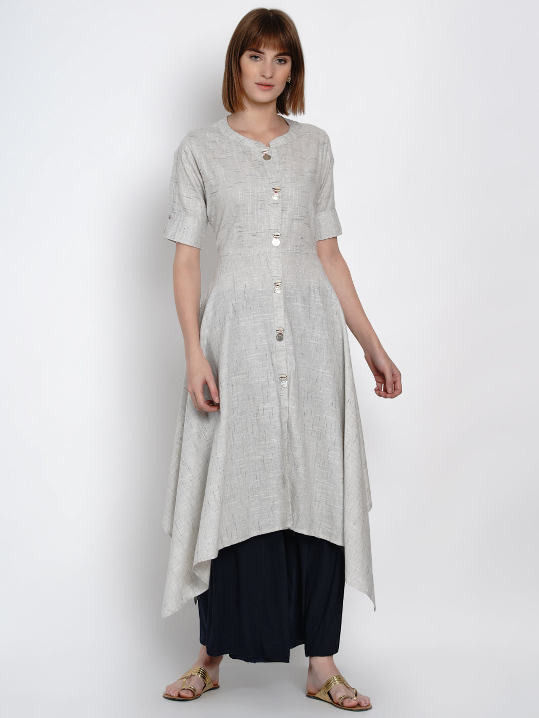 Grey A-line Cotton Kurta with Asymmetric Hem