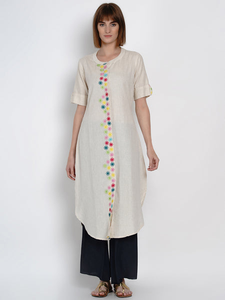 Off White Cotton Embroidered Kurta- WRK406