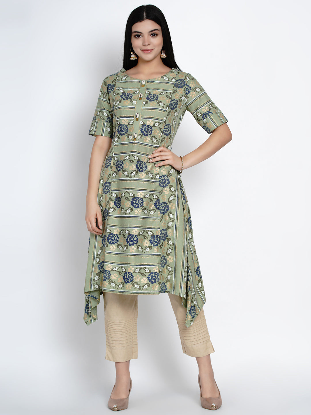 Green Floral Gold Foil Asymmetrical Kurta-WRK416