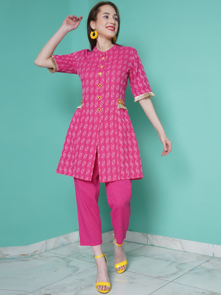 Pink Kantha Cotton Kurta with Mirror work and Pants-WRKS107