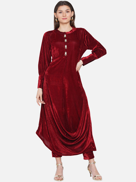 Maroon Velvet Cowl Kurta with Pants-WRKS067