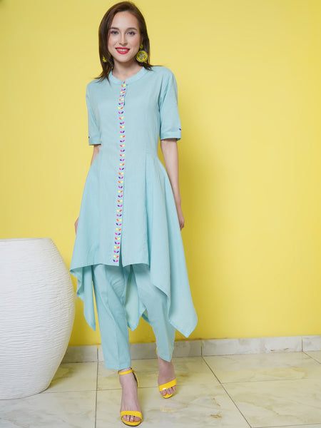 Light Blue Cotton Flex Assymetrical Kurta with beeds work and pants-WRKS102