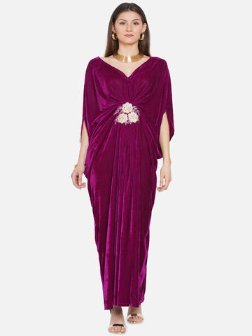 Burgundy Velvet Embroidered Gown-WRK432