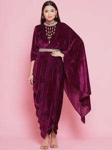 Wine Velvet Velvet Kurta with attached necklace, belt  and Pant-WRKS093