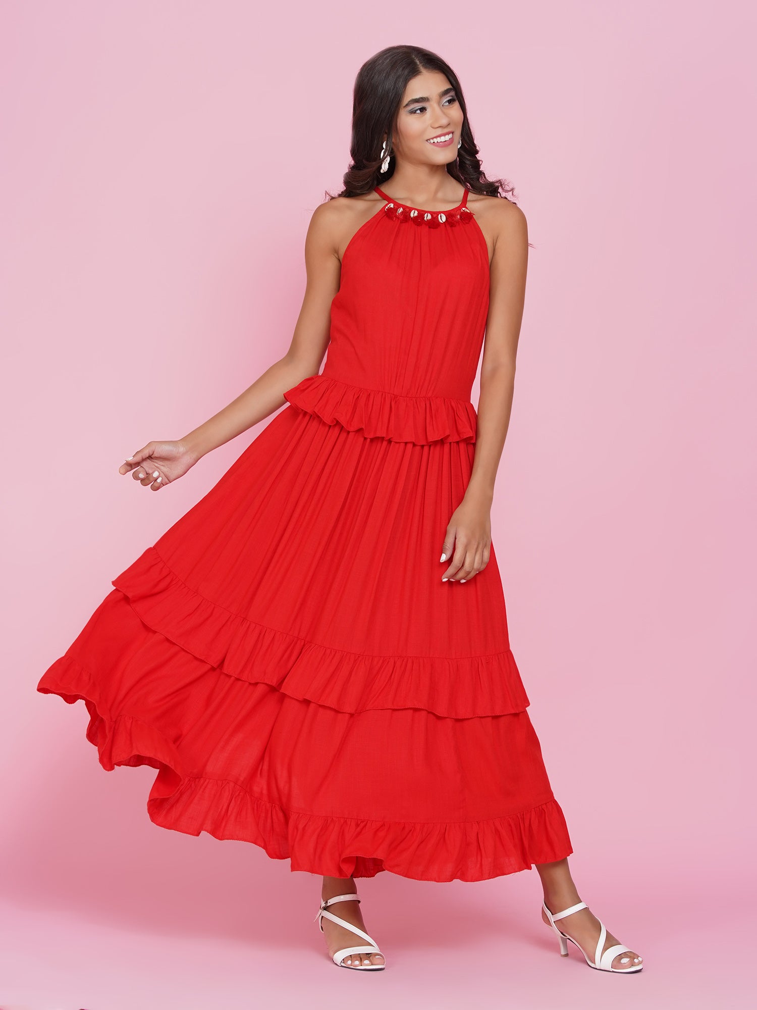 Red tiered Rayon dress-WRK434
