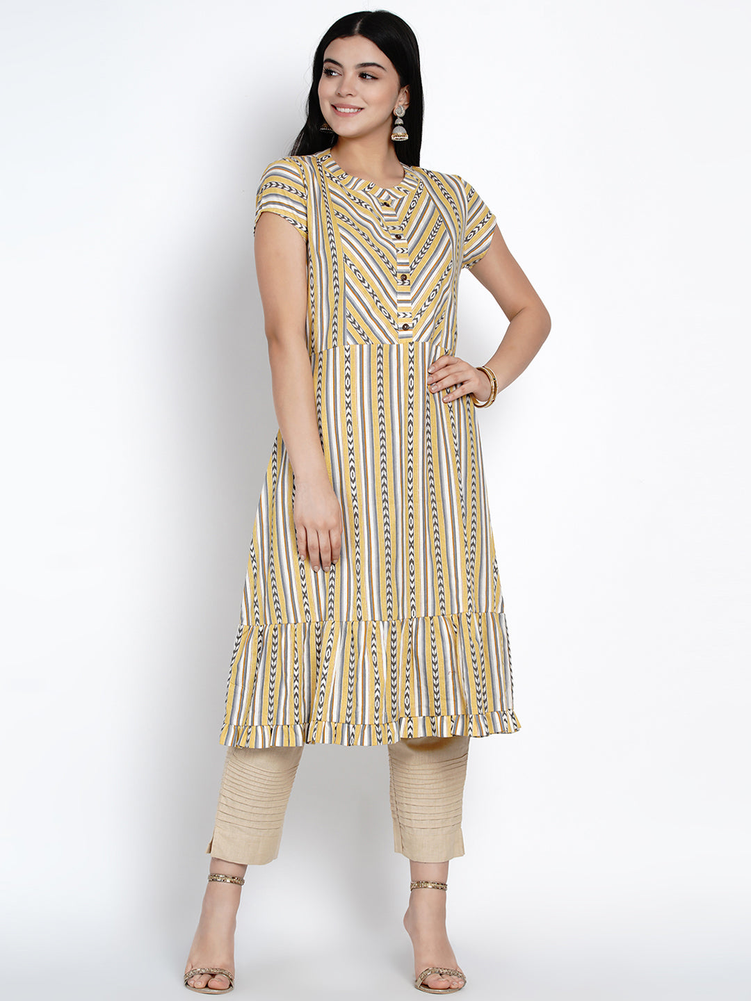 Geometric Print Ruffled Cotton Kurta-WRK424