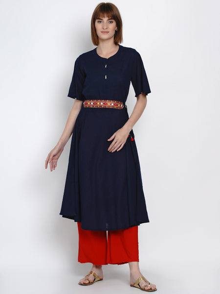 Indigo Cotton Kurta with Embroidered Belt-WRK411