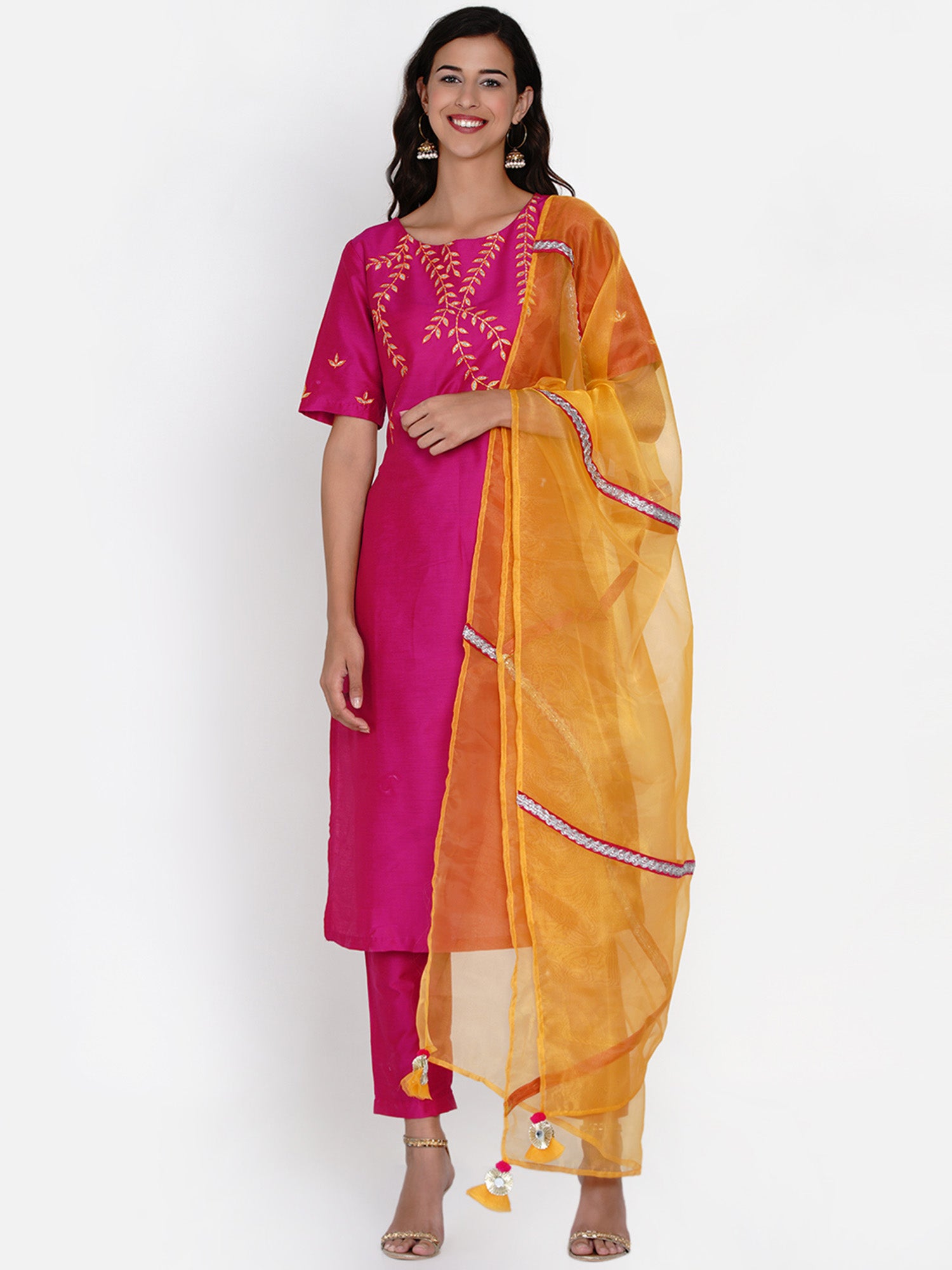 Pink Embroidered Kurta with Pant and Dupatta- WRKSD058