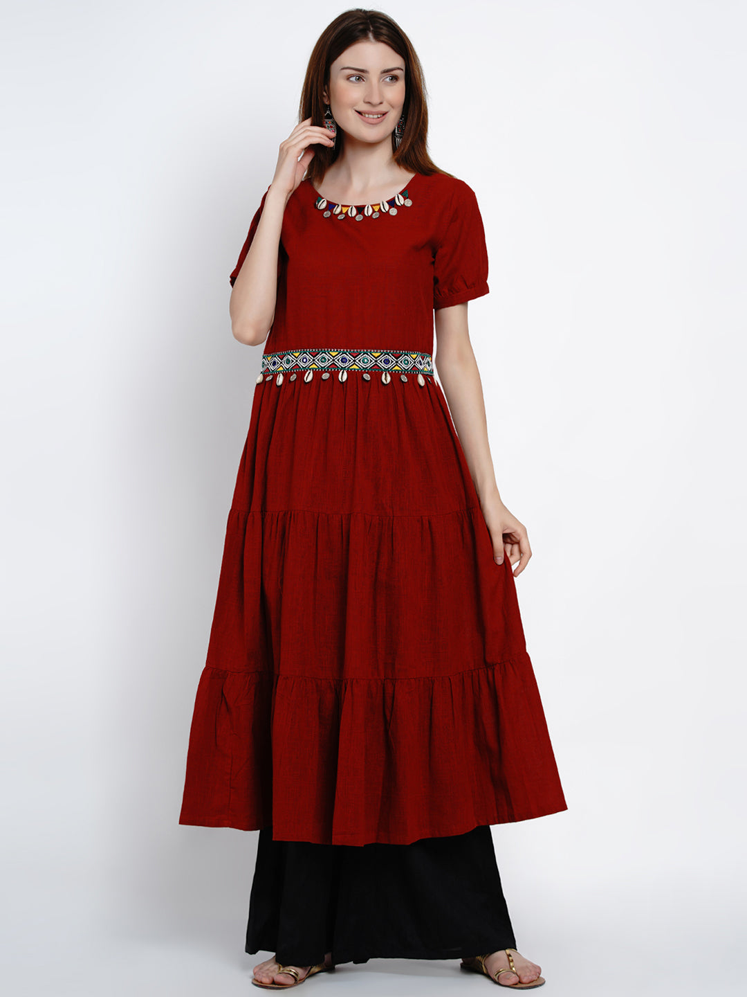 Maroon A-Line Cotton Embroidered Kurta-WRK410