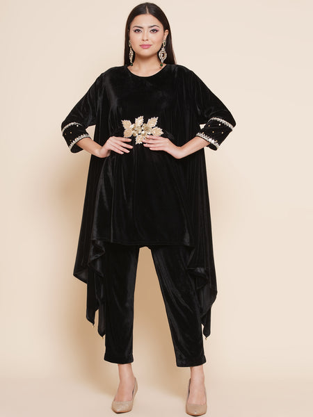 Black Kaftan Style Hand Embellished Kurta with Pants-WRKS091