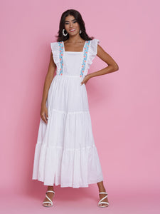 White Cotton Embroidered Tiered Dress-WRK435