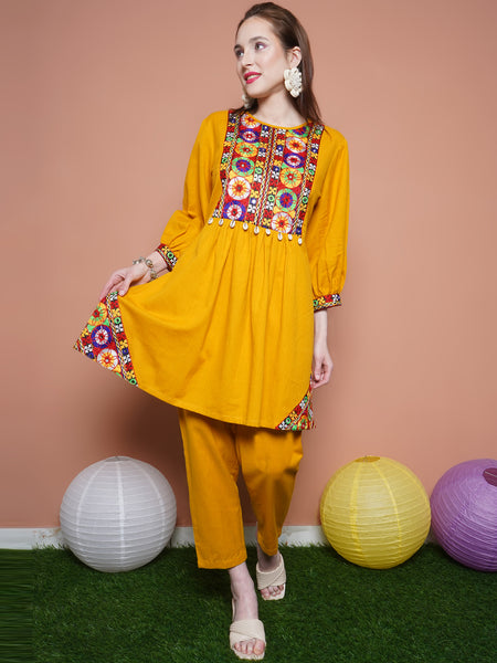 Mustard Cotton Flex Kurta with Gamthi Embroidery and Pants-WRKS100