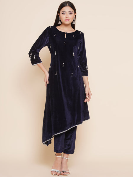 Navy Blue Hand Embellished Kurta Set-WRKS092