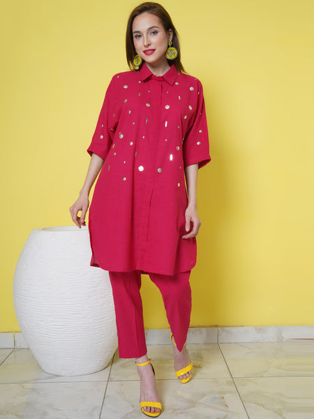 Pink Cotton Hand Embellished Kurta with Pants-WRKS108