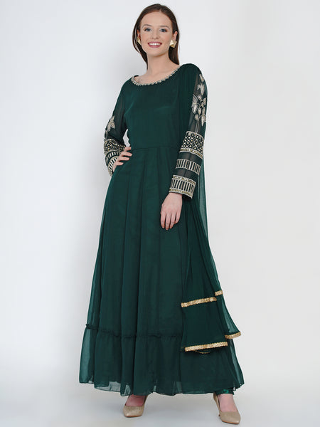 Green Georgette Embroidered Suit With Churidaar Pajami and Dupatta-WRS478