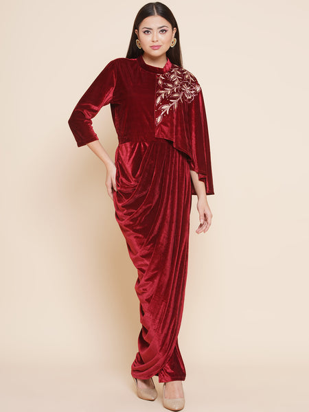Maroon Velvet Half Cape Embroidered Gown-WRK445
