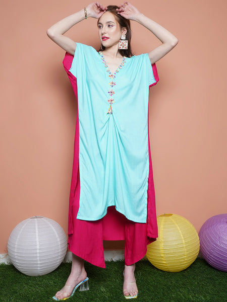 Blue and Pink Rayon Slub Hand Embellished Kurta with Palazzo -WRKS101