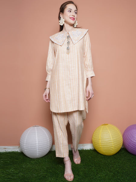 Beige Striped Embroidered Collar Kurta with Pants-WRKS109