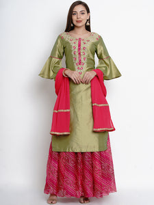 Green Embroidered Kurta With Printed Lehnga and Dupatta-WRS464