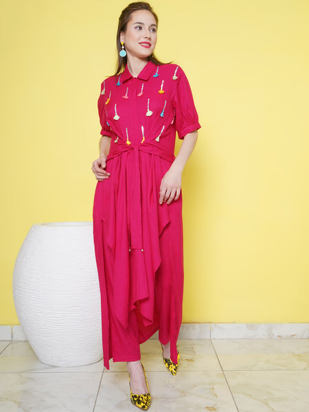 Pink Rayon Slub Embellished Asymmetrical Kurta with Pants-WRKS104