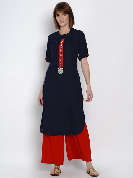 Indigo Cotton Mirror Work Straight Kurta with Curved Hemline