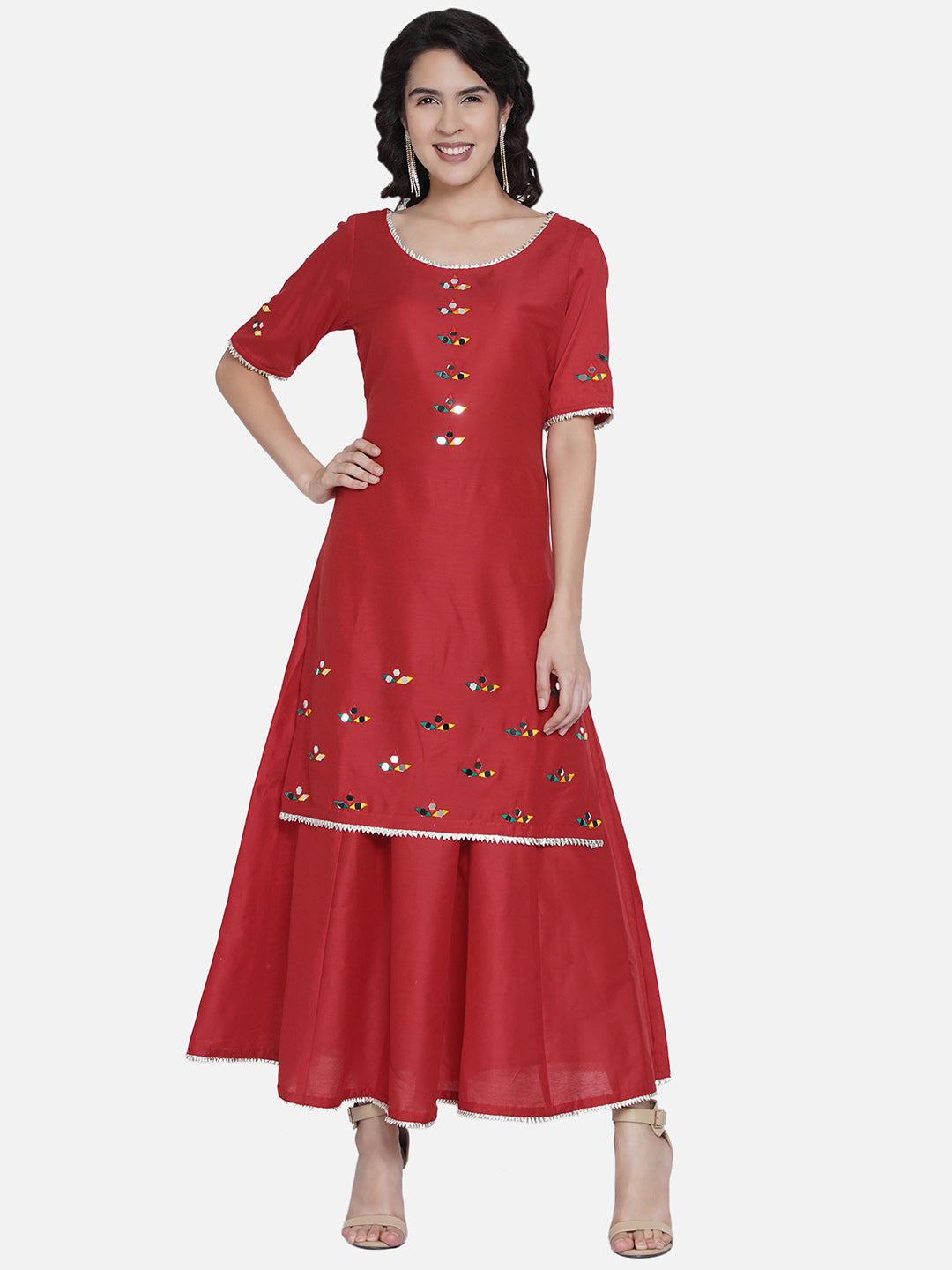 Red Cotton Blend Hand Embroidred Mirror Work kurta with skirt-WRKS060