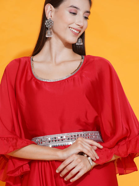 Red Georgette Ethnic Dress with Embellished Belt-WRK438