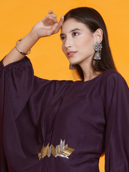 Purple Hand Embellished Indowestren Kurta with Pants-WRKS083