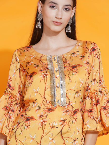 Yellow Printed Kurta with Dhoti-WRKS085