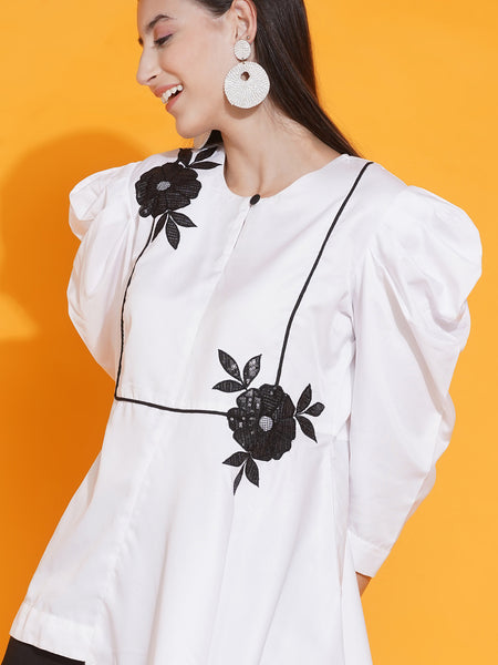 White Embroidered Shirt with Bellbottom Pants-WRKS087