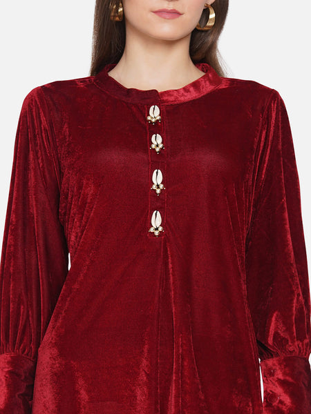 Maroon Velvet Cowl Kurta with Pants-WRKS067