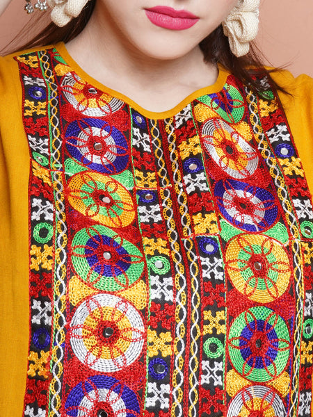 Mustard Cotton Flex Kurta with Gamthi Embroidery and Pants-WRKS100