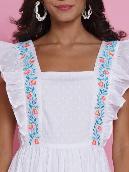 White Cotton Embroidered Tiered Dress-WRK435