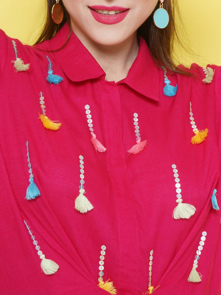 Pink Rayon Slub Embellished Asymmetrical Kurta with Pants-WRKS104