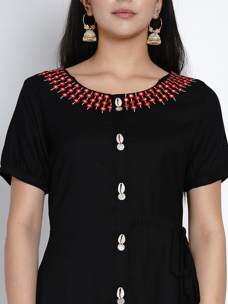 Black Rayon Asymmetrical  Embroidered Kurta-WRK422