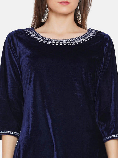 Navy Blue Velvet Kurta with Bell bottom Pants-WRKS069