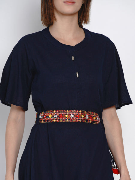 Indigo Cotton Kurta with Embroidered Belt-WRK411