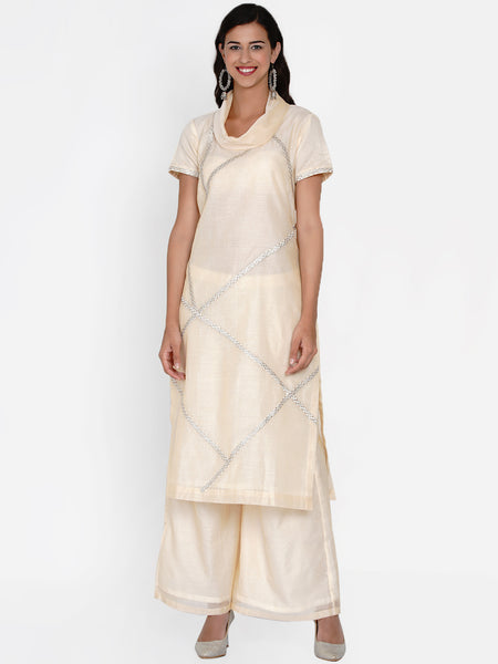 Cream Chanderi Embroidered Cowl Neck Kurta with Palazzo-WRKS052