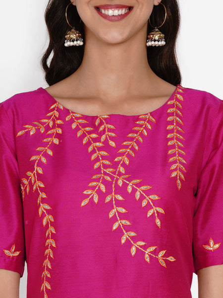 Pink Embroidered Kurta with Pant and Dupatta- WRKSD058