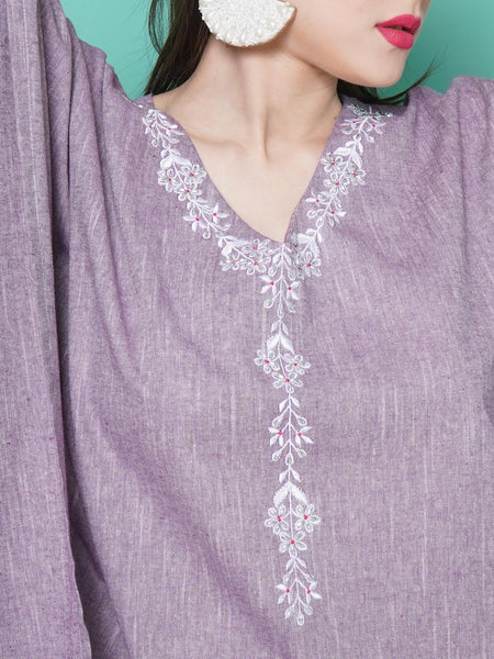 Purple Cotton Embroidered Kaftan with Palazzo-WRKS105