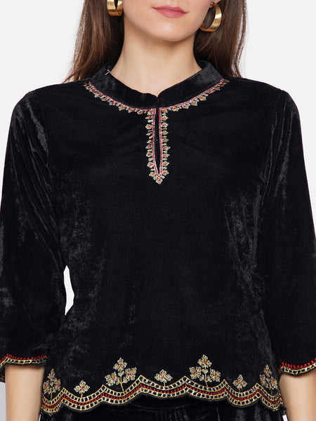 Black Embroidered Velvet Koti with Dhoti -WRKS071