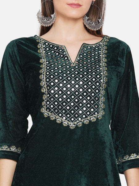 Green Velvet Embroidered Kurta with Pant- WRKS068