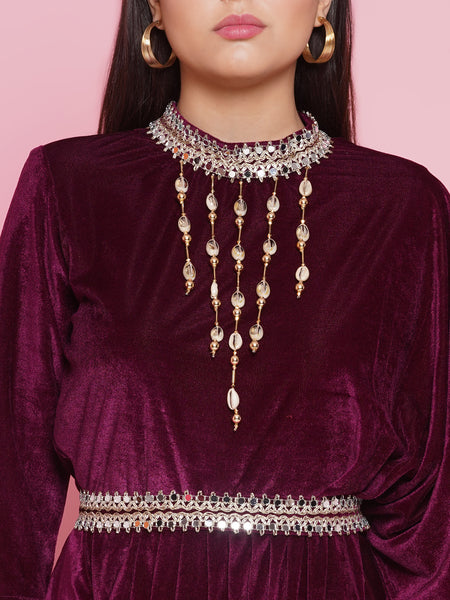 Wine Velvet Velvet Kurta with attached necklace, belt  and Pant-WRKS093