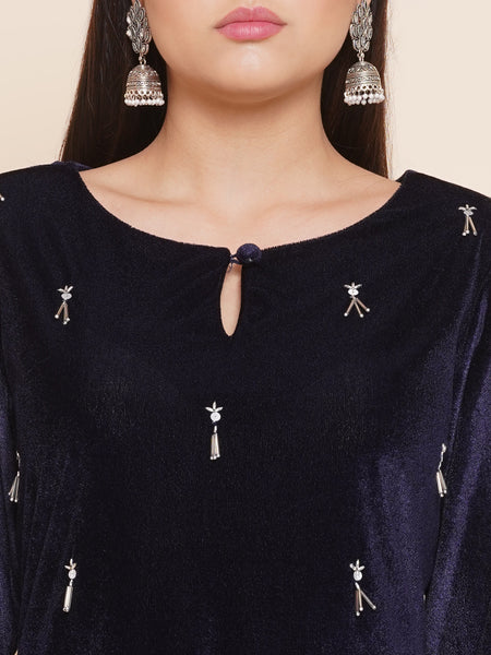 Navy Blue Hand Embellished Kurta Set-WRKS092